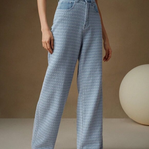 Blue Casual Women's Jacquard Weave Wide Leg Loose Fit Jeans - Picture 4 of 7